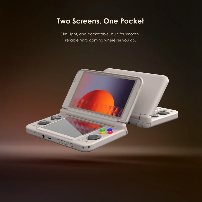 Retroid Pocket Duo Lite dual-screen Android clamshell handheld in white