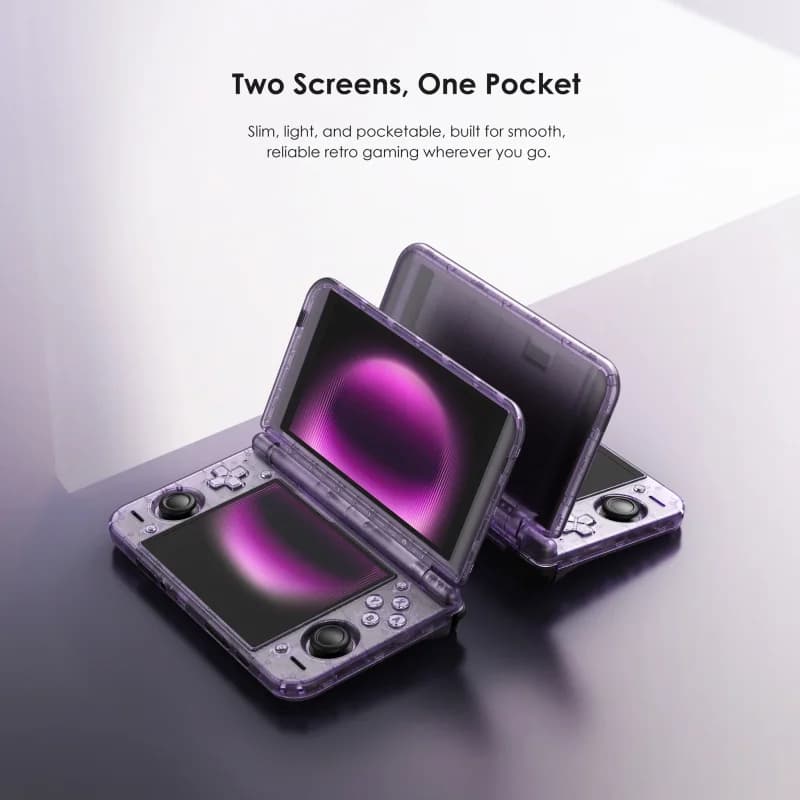 Retroid Pocket Duo dual 120Hz AMOLED clamshell handheld in translucent purple