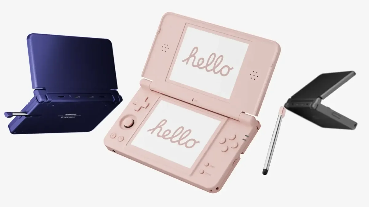 Anbernic RG DS Plus dual-screen clamshell handheld in pink, blue, and black