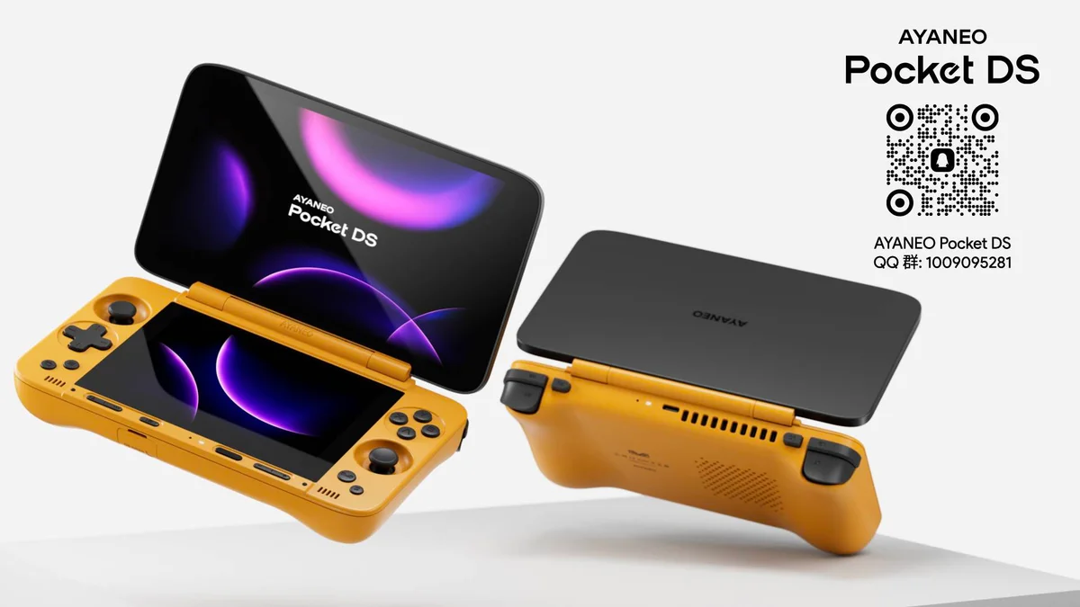 AYANEO Pocket DS dual-screen Android handheld open with main and secondary displays