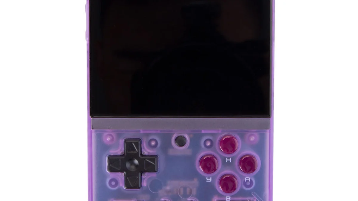 Miyoo Mini Plus V2 RK3562 vertical handheld in transparent purple
