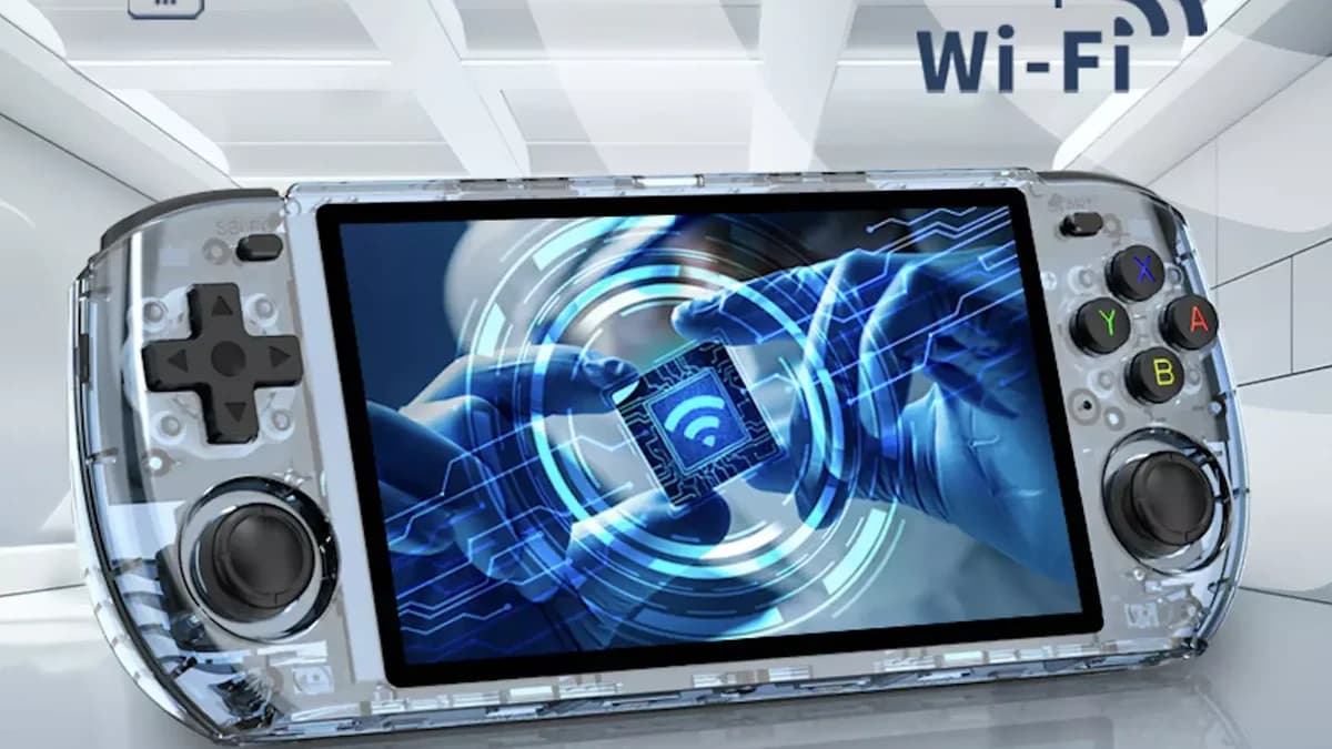 Powkiddy RGB10MAX3 horizontal handheld gaming device with ergonomic handle grips