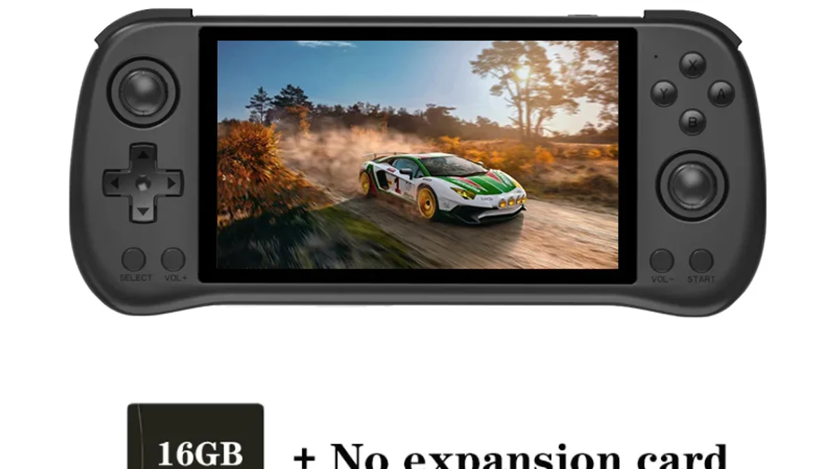 Powkiddy X55 horizontal handheld gaming device showing 5.5-inch display and flat design