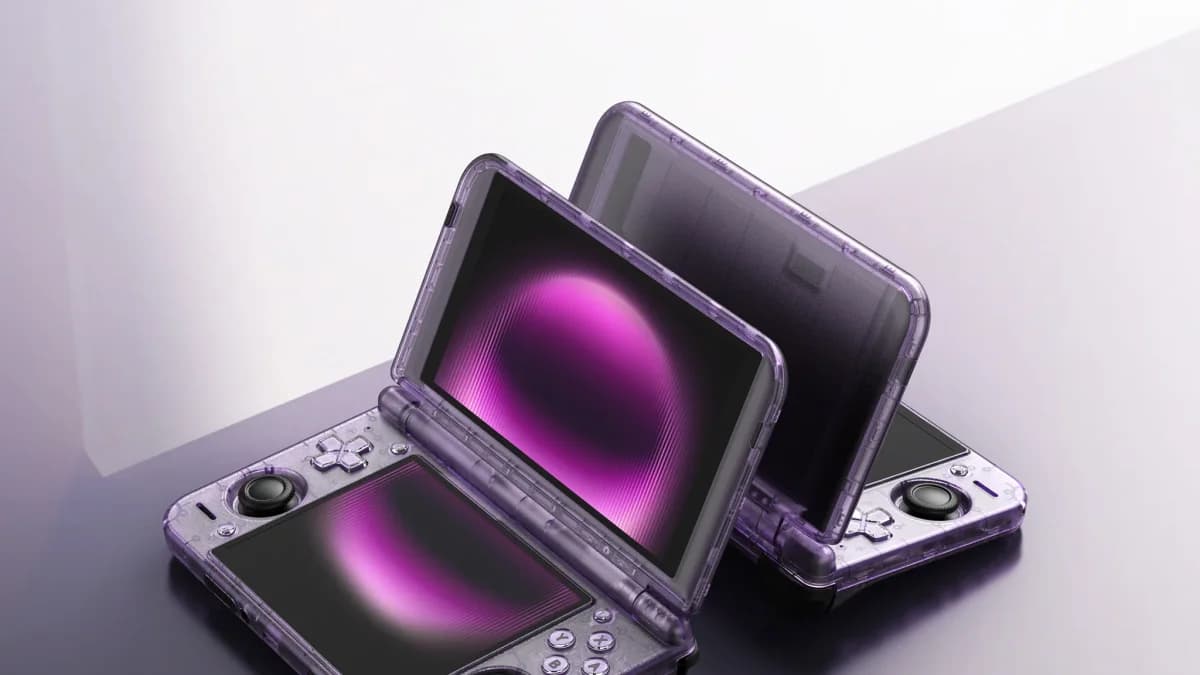 Retroid Pocket Duo dual-screen AMOLED clamshell handheld in translucent purple