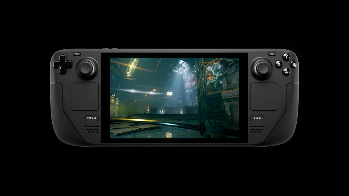 Valve Steam Deck LCD handheld shown from the front with a game on its screen